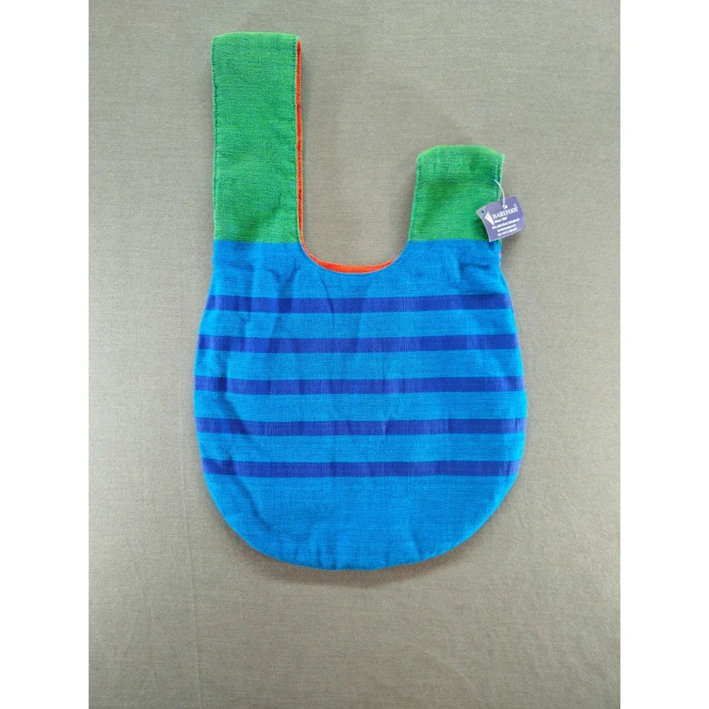 Barefoot Ceylon Handwoven Knot Bag Blue Green Striped Natural Fiber Handmade NWT
